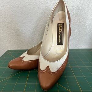 Tan & White Bally of Switzerland Two Tone Wingtip Pumps 8
